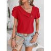 imageFalechay Blouses for Women Dressy Casual Petal Sleeve V Neck Asymmetric Collar Summer Tops Business Work Shirts with ButtonsRed1
