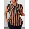 imageFalechay Womens Vertical Striped Tie Neck Blouses Ruffle Cap Sleeve Summer Work Tops Dressy Casual Elegant Business ShirtsBrown Black