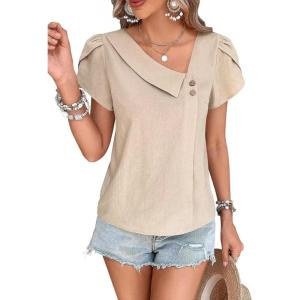 imageFalechay Blouses for Women Dressy Casual Petal Sleeve V Neck Asymmetric Collar Summer Tops Business Work Shirts with ButtonsApricot1