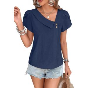 imageFalechay Blouses for Women Dressy Casual Petal Sleeve V Neck Asymmetric Collar Summer Tops Business Work Shirts with ButtonsNavy Blue