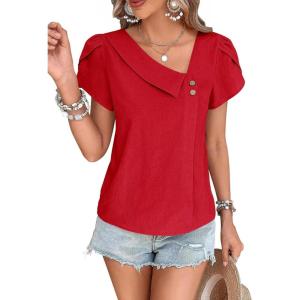 imageFalechay Blouses for Women Dressy Casual Petal Sleeve V Neck Asymmetric Collar Summer Tops Business Work Shirts with ButtonsRed