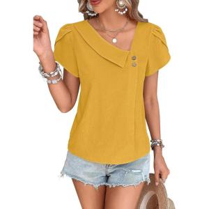 imageFalechay Blouses for Women Dressy Casual Petal Sleeve V Neck Asymmetric Collar Summer Tops Business Work Shirts with ButtonsYellow