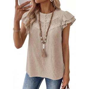 imageFalechay Womens Boho Blouse Summer Ruffle Sleeve Tops Lace Crochet Split Neck Shirts Pleated Textured Top Casual ElegantApricot1
