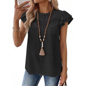 imageFalechay Womens Boho Blouse Summer Ruffle Sleeve Tops Lace Crochet Split Neck Shirts Pleated Textured Top Casual ElegantBlack