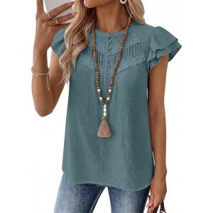 imageFalechay Womens Boho Blouse Summer Ruffle Sleeve Tops Lace Crochet Split Neck Shirts Pleated Textured Top Casual ElegantGreen1