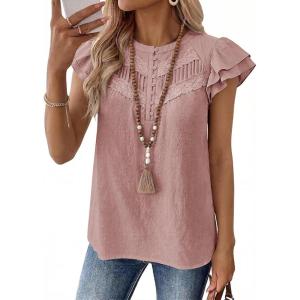 imageFalechay Womens Boho Blouse Summer Ruffle Sleeve Tops Lace Crochet Split Neck Shirts Pleated Textured Top Casual ElegantPink