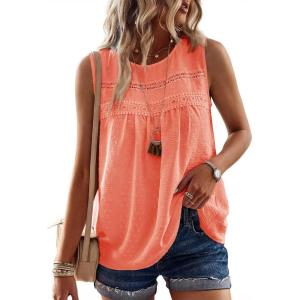 imageFalechay Womens Summer Tops Boho Shirts Crewneck Sleeveless Tank Tops Flowy Lace Hem Casual Blouses Clothing Trendy 2026Bright Orange