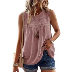 imageFalechay Womens Summer Tops Boho Shirts Crewneck Sleeveless Tank Tops Flowy Lace Hem Casual Blouses Clothing Trendy 2026Pink