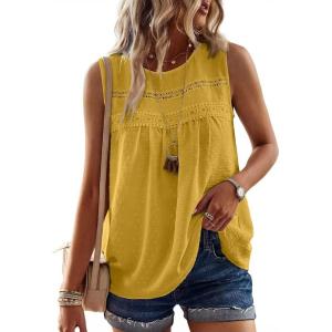 imageFalechay Womens Summer Tops Boho Shirts Crewneck Sleeveless Tank Tops Flowy Lace Hem Casual Blouses Clothing Trendy 2026Yellow