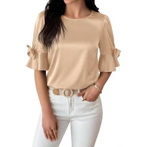 imageFalechay Womens Summer Tops Dressy Casual Round Neck Tunic Ruffle Half Sleeve Bow Blouses Loose Fit Silk Satin ShirtsApricot