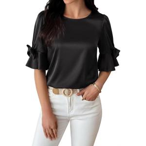 imageFalechay Womens Summer Tops Dressy Casual Round Neck Tunic Ruffle Half Sleeve Bow Blouses Loose Fit Silk Satin ShirtsBlack