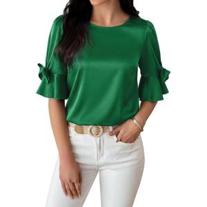 imageFalechay Womens Summer Tops Dressy Casual Round Neck Tunic Ruffle Half Sleeve Bow Blouses Loose Fit Silk Satin ShirtsKelly Green