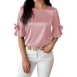 imageFalechay Womens Summer Tops Dressy Casual Round Neck Tunic Ruffle Half Sleeve Bow Blouses Loose Fit Silk Satin ShirtsPink