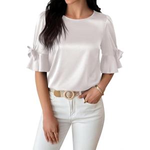 imageFalechay Womens Summer Tops Dressy Casual Round Neck Tunic Ruffle Half Sleeve Bow Blouses Loose Fit Silk Satin ShirtsWhite