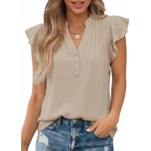 imageFalechay Womens Summer Tops Ruffle Cap Sleeve Henley Blouses Button Front Pintuck Pleated Tunic Boho Casual Trendy ShirtsApricot