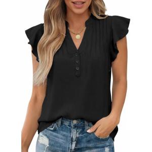 imageFalechay Womens Summer Tops Ruffle Cap Sleeve Henley Blouses Button Front Pintuck Pleated Tunic Boho Casual Trendy ShirtsBlack