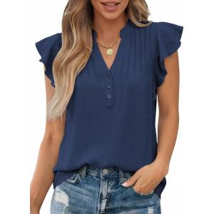 imageFalechay Womens Summer Tops Ruffle Cap Sleeve Henley Blouses Button Front Pintuck Pleated Tunic Boho Casual Trendy ShirtsNavy Blue