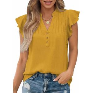 imageFalechay Womens Summer Tops Ruffle Cap Sleeve Henley Blouses Button Front Pintuck Pleated Tunic Boho Casual Trendy ShirtsYellow
