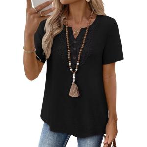 imageFalechay Womens Summer Tops Short Sleeve Boho Blouses Casual Lace V Neck Button Shirts Flowy Textured Trendy TunicBlack