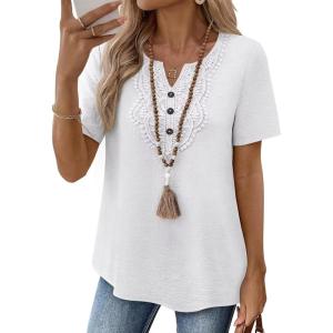 imageFalechay Womens Summer Tops Short Sleeve Boho Blouses Casual Lace V Neck Button Shirts Flowy Textured Trendy TunicWhite