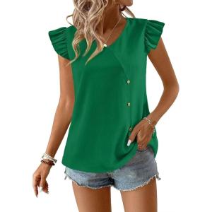imageFalechay Womens Tops Flowy Ruffle Short Sleeve Blouses for Women V Neck Boho Cute Babydoll Summer Casual ShirtsGreen1