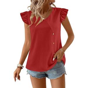 imageFalechay Womens Tops Flowy Ruffle Short Sleeve Blouses for Women V Neck Boho Cute Babydoll Summer Casual ShirtsRed