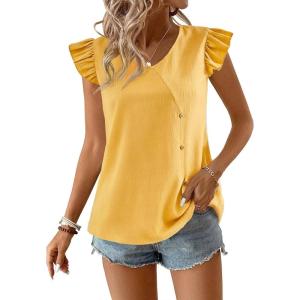 imageFalechay Womens Tops Flowy Ruffle Short Sleeve Blouses for Women V Neck Boho Cute Babydoll Summer Casual ShirtsYellow1
