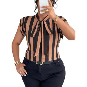 imageFalechay Womens Vertical Striped Tie Neck Blouses Ruffle Cap Sleeve Summer Work Tops Dressy Casual Elegant Business ShirtsBrown Black