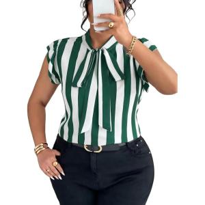 imageFalechay Womens Vertical Striped Tie Neck Blouses Ruffle Cap Sleeve Summer Work Tops Dressy Casual Elegant Business ShirtsGreen White