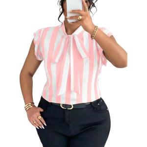 imageFalechay Womens Vertical Striped Tie Neck Blouses Ruffle Cap Sleeve Summer Work Tops Dressy Casual Elegant Business ShirtsPink White