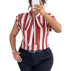 imageFalechay Womens Vertical Striped Tie Neck Blouses Ruffle Cap Sleeve Summer Work Tops Dressy Casual Elegant Business ShirtsRed White