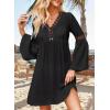 imageFalechay Swimsuit Coverup for Women Long Bell Sleeve Contrast Lace Bathing Suit Cover Up for Swimwear Bikini V Neck LooseBlack