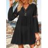 imageFalechay Swimsuit Coverup for Women Long Bell Sleeve Contrast Lace Bathing Suit Cover Up for Swimwear Bikini V Neck LooseBlack