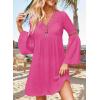 imageFalechay Swimsuit Coverup for Women Long Bell Sleeve Contrast Lace Bathing Suit Cover Up for Swimwear Bikini V Neck LooseHot Pink