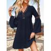 imageFalechay Swimsuit Coverup for Women Long Bell Sleeve Contrast Lace Bathing Suit Cover Up for Swimwear Bikini V Neck LooseNavy Blue