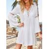 imageFalechay Swimsuit Coverup for Women Long Bell Sleeve Contrast Lace Bathing Suit Cover Up for Swimwear Bikini V Neck LooseWhite