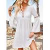 imageFalechay Swimsuit Coverup for Women Long Bell Sleeve Contrast Lace Bathing Suit Cover Up for Swimwear Bikini V Neck LooseWhite