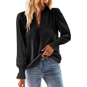 imageFalechay Boho Tops for Women V Neck Blouses Flowy Swiss Dot Dressy Casual Lace Womens Long Sleeve Shirts Trendy 2026Black