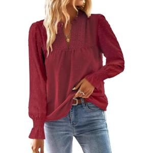 imageFalechay Boho Tops for Women V Neck Blouses Flowy Swiss Dot Dressy Casual Lace Womens Long Sleeve Shirts Trendy 2026Burgundy
