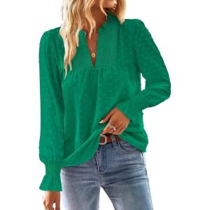imageFalechay Boho Tops for Women V Neck Blouses Flowy Swiss Dot Dressy Casual Lace Womens Long Sleeve Shirts Trendy 2026Clover Green