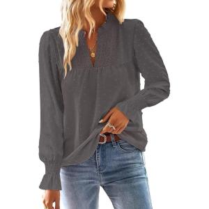 imageFalechay Boho Tops for Women V Neck Blouses Flowy Swiss Dot Dressy Casual Lace Womens Long Sleeve Shirts Trendy 2026Dark Gray