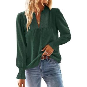 imageFalechay Boho Tops for Women V Neck Blouses Flowy Swiss Dot Dressy Casual Lace Womens Long Sleeve Shirts Trendy 2026Dark Green