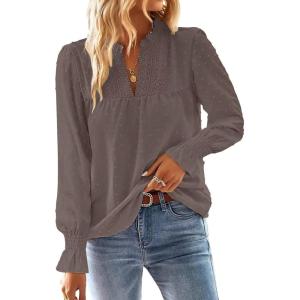 imageFalechay Boho Tops for Women V Neck Blouses Flowy Swiss Dot Dressy Casual Lace Womens Long Sleeve Shirts Trendy 2026Dusty Purple