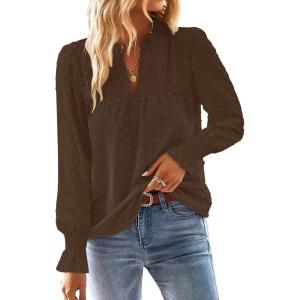 imageFalechay Boho Tops for Women V Neck Blouses Flowy Swiss Dot Dressy Casual Lace Womens Long Sleeve Shirts Trendy 2026Espresso
