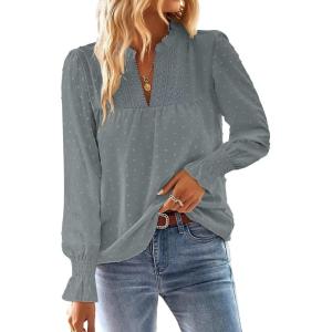 imageFalechay Boho Tops for Women V Neck Blouses Flowy Swiss Dot Dressy Casual Lace Womens Long Sleeve Shirts Trendy 2026Graygreen