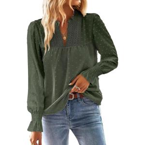imageFalechay Boho Tops for Women V Neck Blouses Flowy Swiss Dot Dressy Casual Lace Womens Long Sleeve Shirts Trendy 2026Green