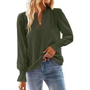 imageFalechay Boho Tops for Women V Neck Blouses Flowy Swiss Dot Dressy Casual Lace Womens Long Sleeve Shirts Trendy 2026Green1