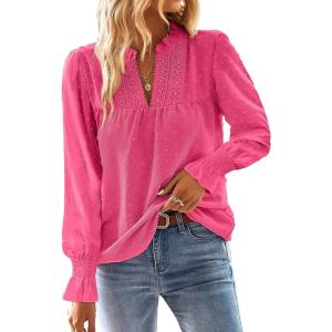 imageFalechay Boho Tops for Women V Neck Blouses Flowy Swiss Dot Dressy Casual Lace Womens Long Sleeve Shirts Trendy 2026Hot Pink