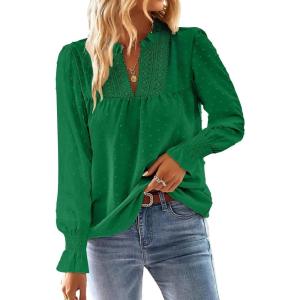 imageFalechay Boho Tops for Women V Neck Blouses Flowy Swiss Dot Dressy Casual Lace Womens Long Sleeve Shirts Trendy 2026Kelly Green