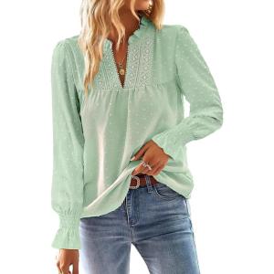 imageFalechay Boho Tops for Women V Neck Blouses Flowy Swiss Dot Dressy Casual Lace Womens Long Sleeve Shirts Trendy 2026Light Green
